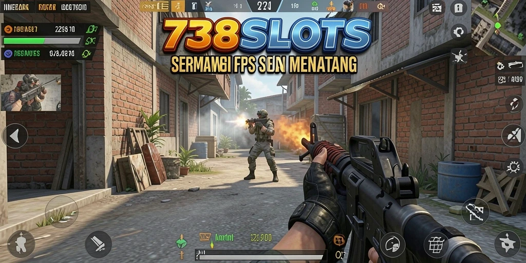 Tangkapan layar gameplay 738SLOTS menunjukkan aksi seru dalam pertempuran FPS.