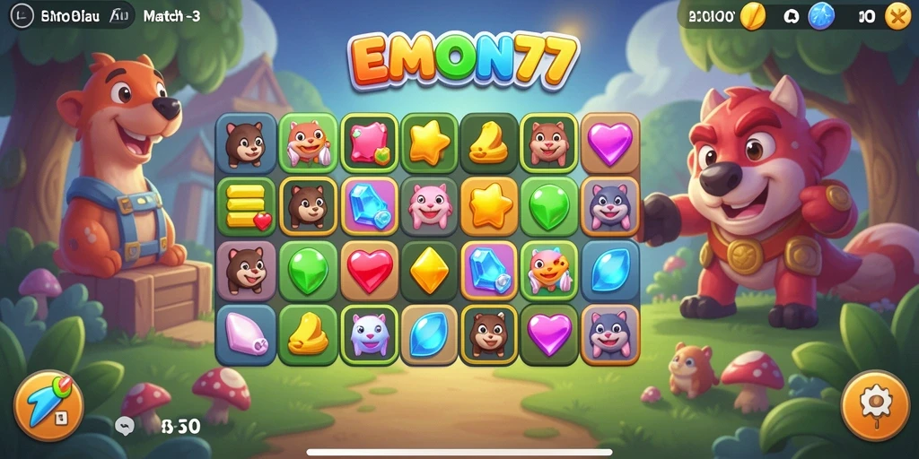 Tampilan gameplay seru dari EMON77 yang penuh warna.