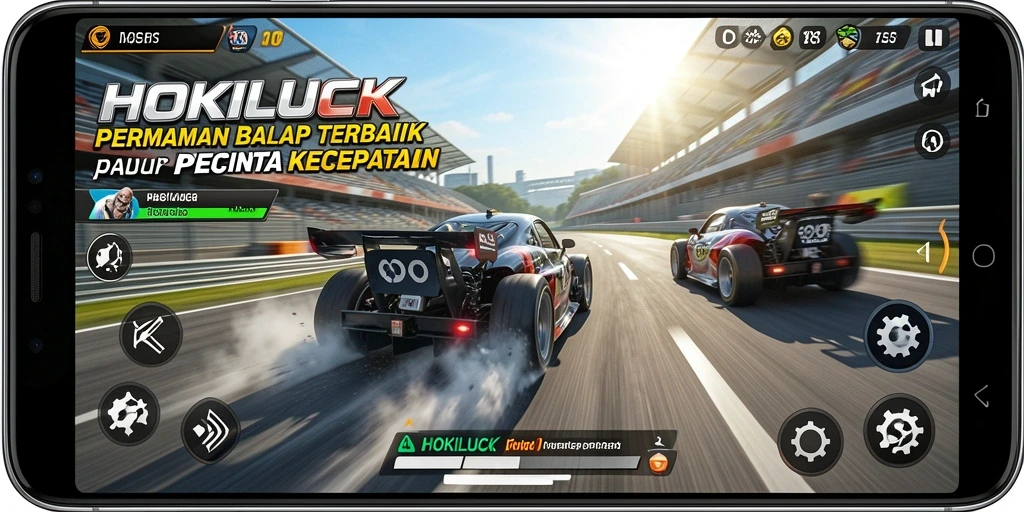 Gameplay HOKILUCK dengan mobil balap di lintasan menegangkan.