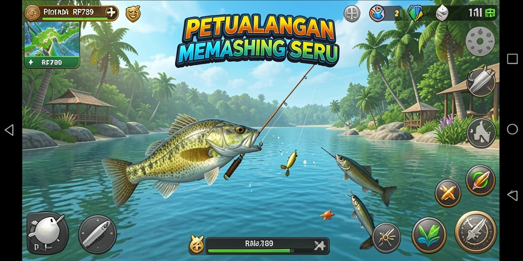 Screenshot gameplay RR789 dengan aktivitas memancing yang seru.
